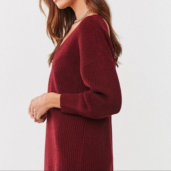 NEW-VINE & Love Back Cutout  Burgundy Ribbed Knit Sweater Mini Dress Size Large - Picture 4 of 9
